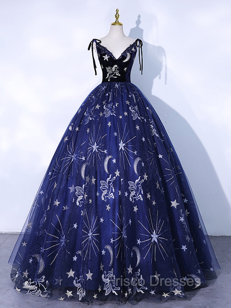 Dark Blue A-Line Tulle Lace Long Formal Prom Dress, Dark Blue Long Formal Dress
