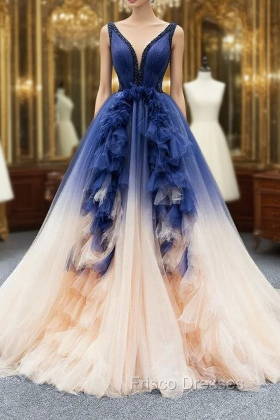 Dark Blue And Champagne Tulle V-neck Backless Beading Formal Prom Dress Main image