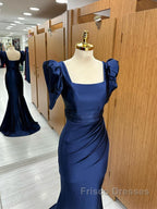 Dark Blue Blue Long Mermaid Formal Prom Dress With Slit, Dark Blue Party Dress
