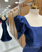 Dark Blue Blue Long Mermaid Formal Prom Dress With Slit, Dark Blue Party Dress