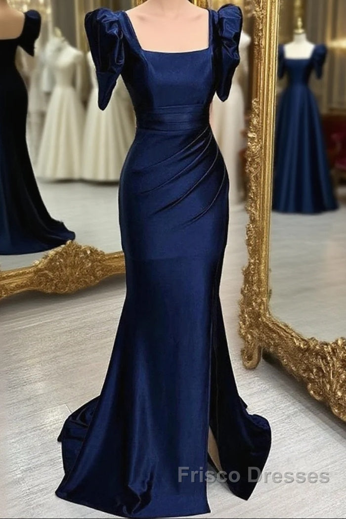 Dark Blue Blue Long Mermaid Formal Prom Dress With Slit, Dark Blue Party Dress Main image
