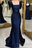 Dark Blue Blue Long Mermaid Formal Prom Dress With Slit, Dark Blue Party Dress