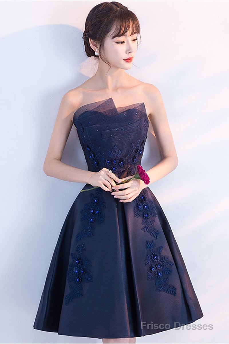 Dark Blue Lace Satin Short Prom Dress, Blue Cocktail Dress Main image