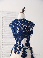 Dark Blue Lace Tulle High Low Prom Dress Blue Bridesmaid Dress