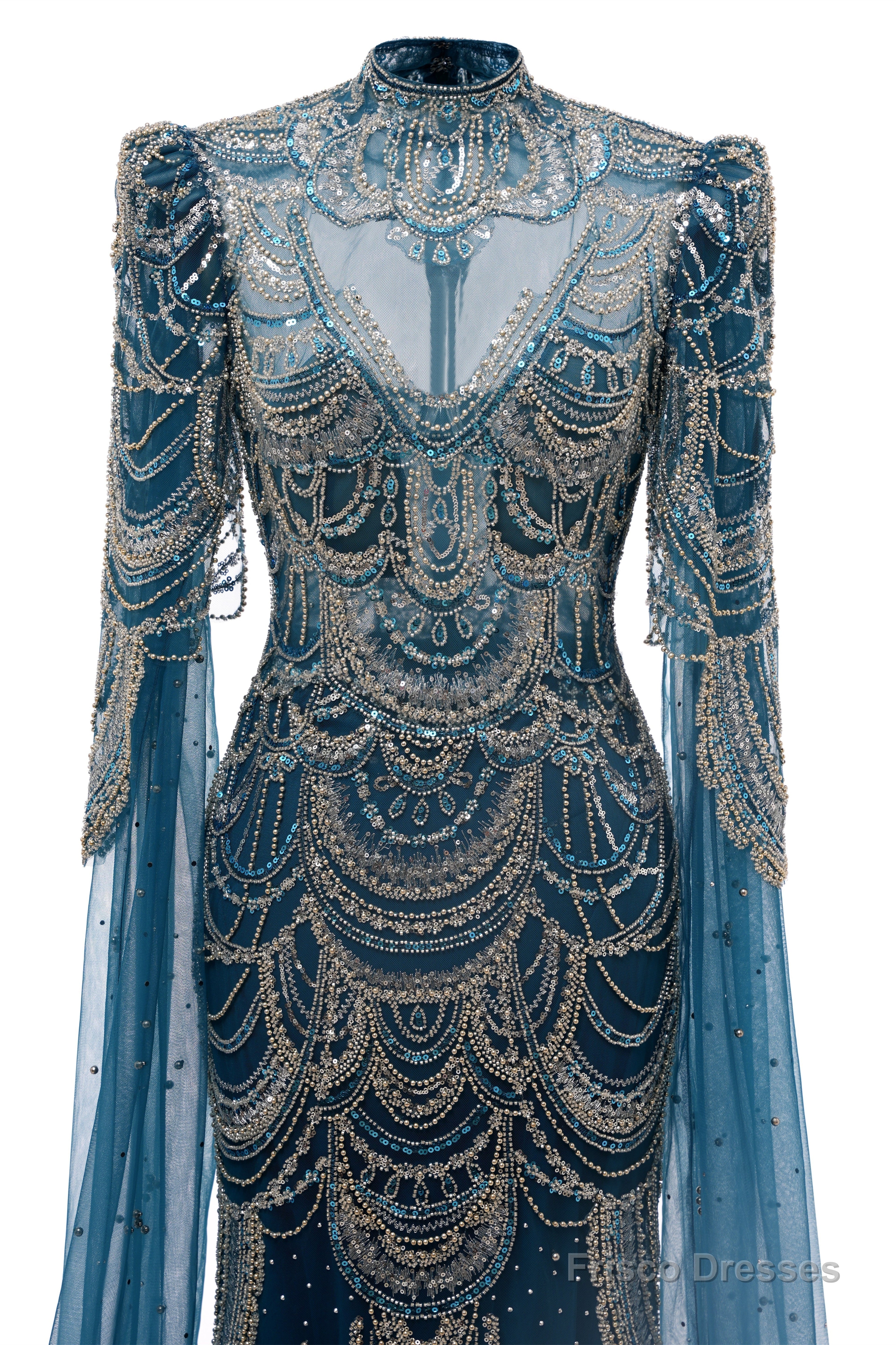 Dark Blue Mermaid Prom Dresses Beading Tulle Women Luxury Evening Dresses High Neck Long Sleeves