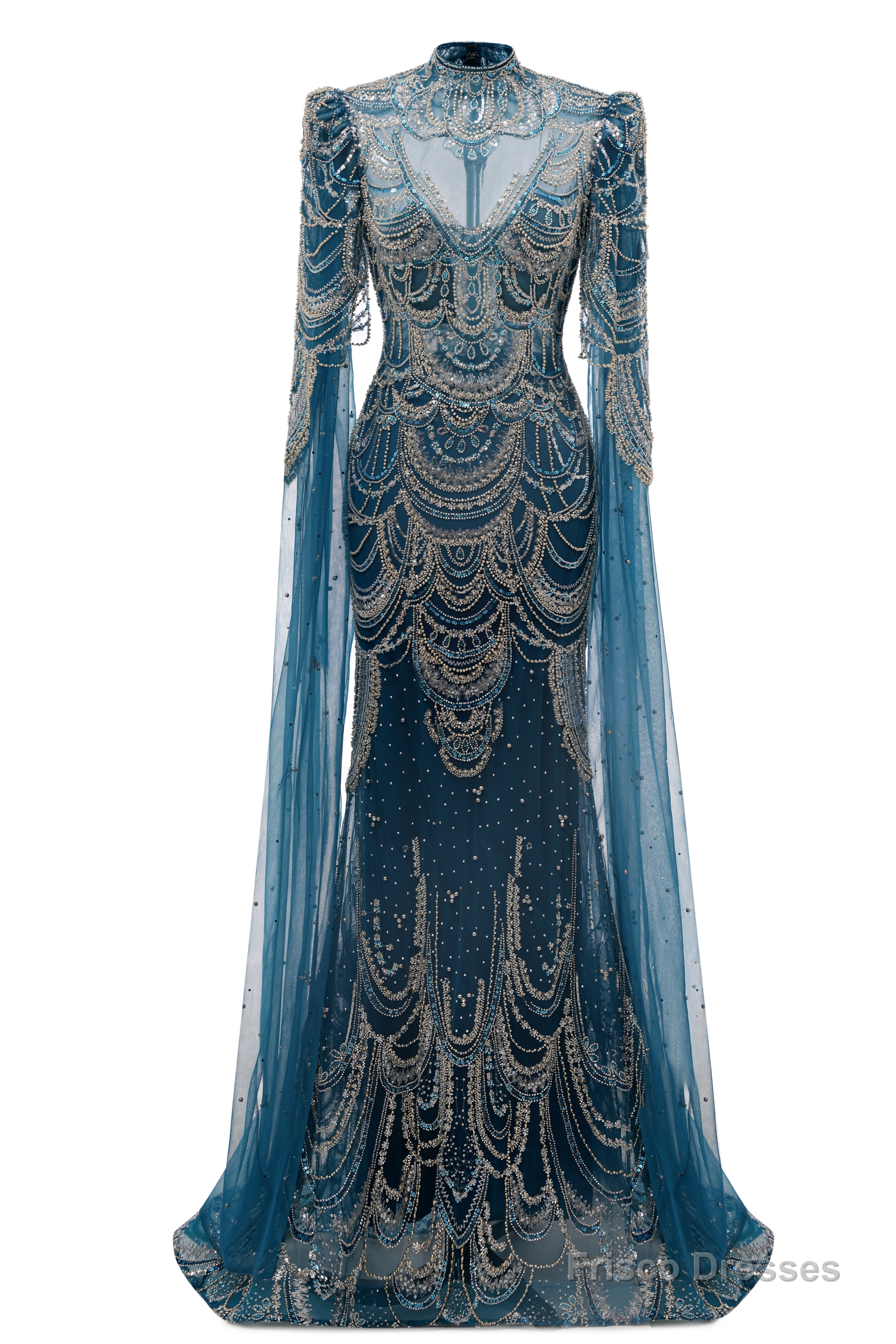 Dark Blue Mermaid Prom Dresses Beading Tulle Women Luxury Evening Dresses High Neck Long Sleeves Main image