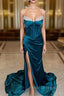 Dark Blue Mermaid Satin Spaghetti Straps Beading Formal Prom Dress