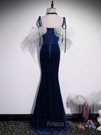 Dark Blue Mermaid Velvet Long Formal Prom Dress, Blue Formal Evening Dress