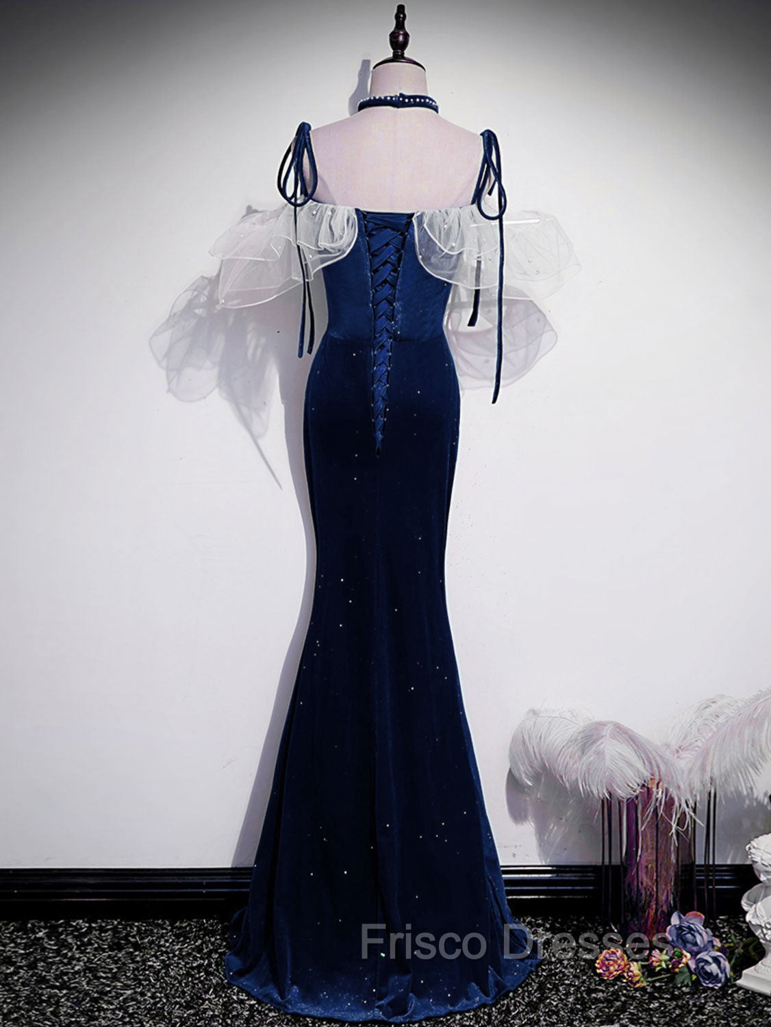 Dark Blue Mermaid Velvet Long Formal Prom Dress, Blue Formal Evening Dress