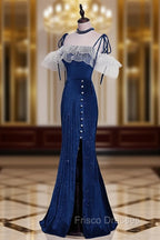 Dark Blue Mermaid Velvet Long Formal Prom Dress, Blue Formal Evening Dress
