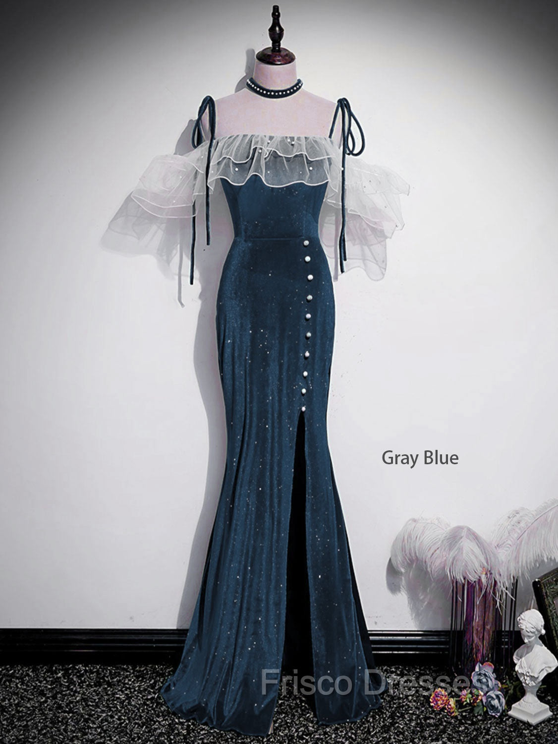Dark Blue Mermaid Velvet Long Formal Prom Dress, Blue Formal Evening Dress