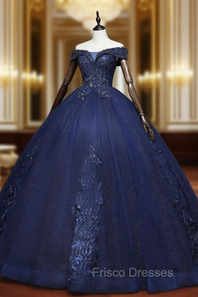 Dark Blue Off Shoulder Tulle Lace Long Formal Prom Gown, Blue Sweet 16 Dress With Beading Sequin Main image