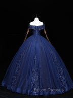 Dark Blue Off Shoulder Tulle Lace Long Formal Prom Gown, Blue Sweet 16 Dress With Beading Sequin