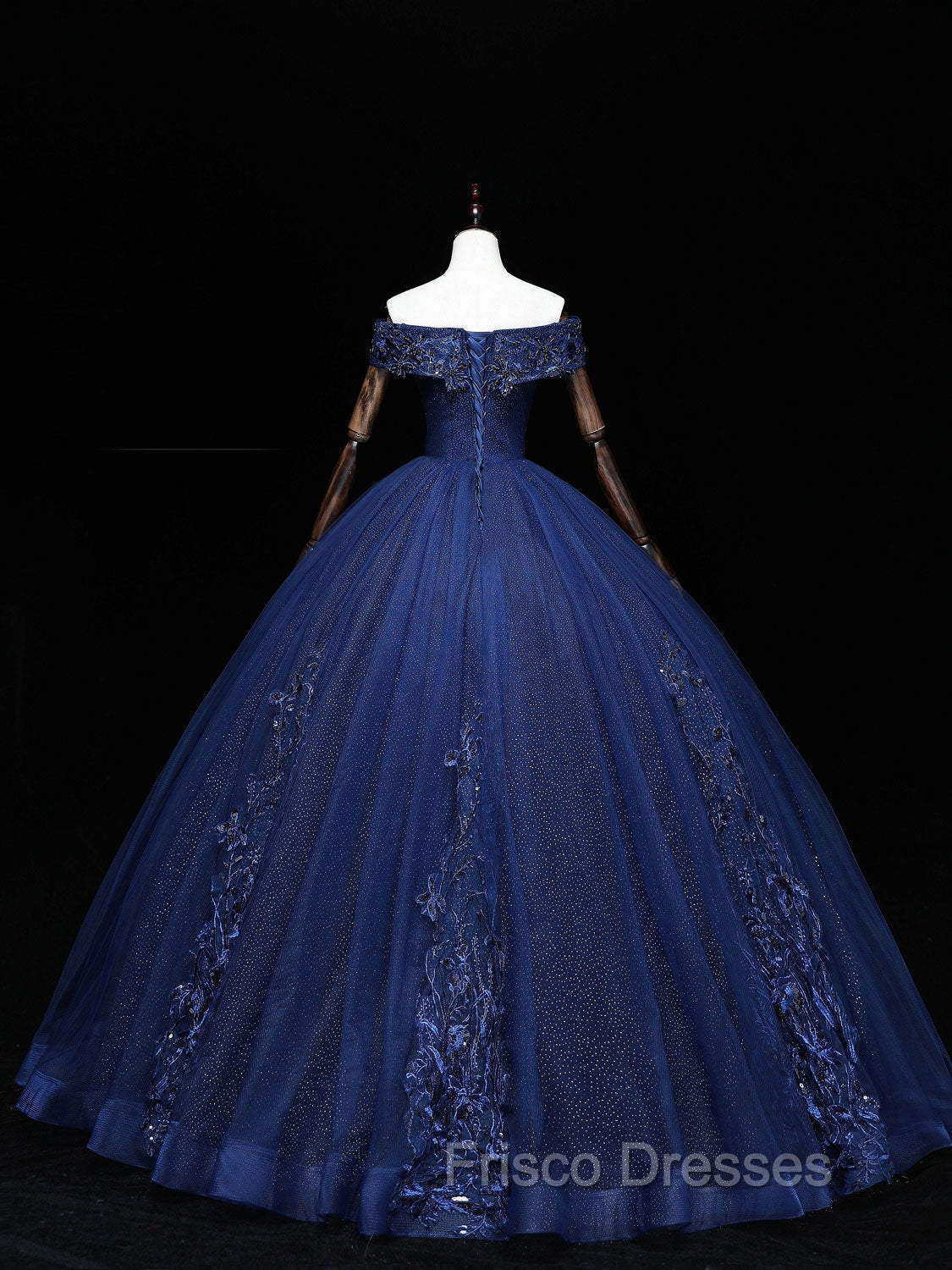 Dark Blue Off Shoulder Tulle Lace Long Formal Prom Gown, Blue Sweet 16 Dress With Beading Sequin