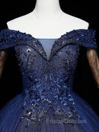 Dark Blue Off Shoulder Tulle Lace Long Formal Prom Gown, Blue Sweet 16 Dress With Beading Sequin