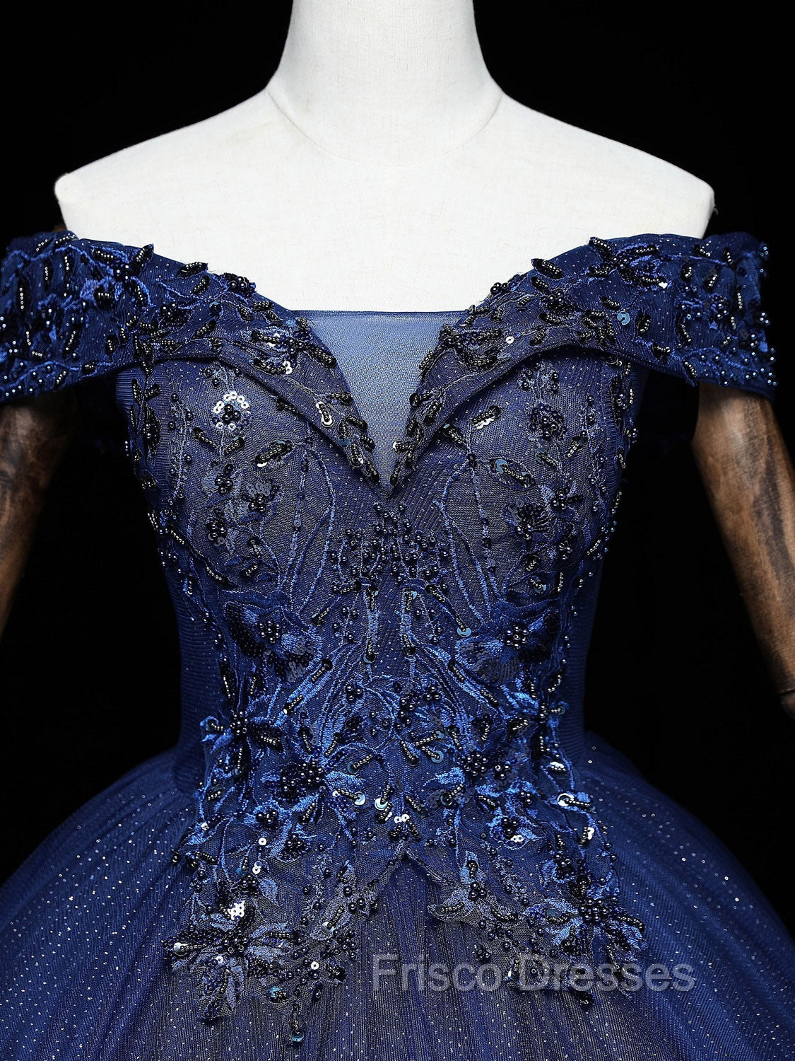Dark Blue Off Shoulder Tulle Lace Long Formal Prom Gown, Blue Sweet 16 Dress With Beading Sequin