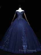 Dark Blue Off Shoulder Tulle Lace Long Formal Prom Gown, Blue Sweet 16 Dress With Beading Sequin