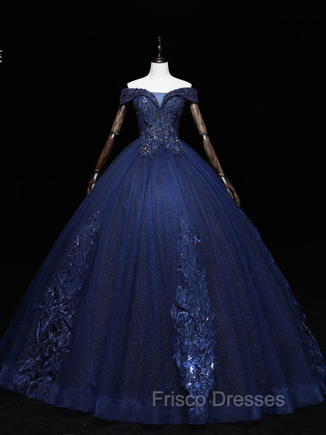 Dark Blue Off Shoulder Tulle Lace Long Formal Prom Gown, Blue Sweet 16 Dress With Beading Sequin