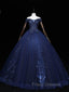 Dark Blue Off Shoulder Tulle Lace Long Formal Prom Gown, Blue Sweet 16 Dress With Beading Sequin