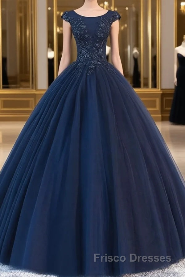 Dark blue round neck tulle lace long Formal Prom Dresses, blue tulle lace evening Dresses