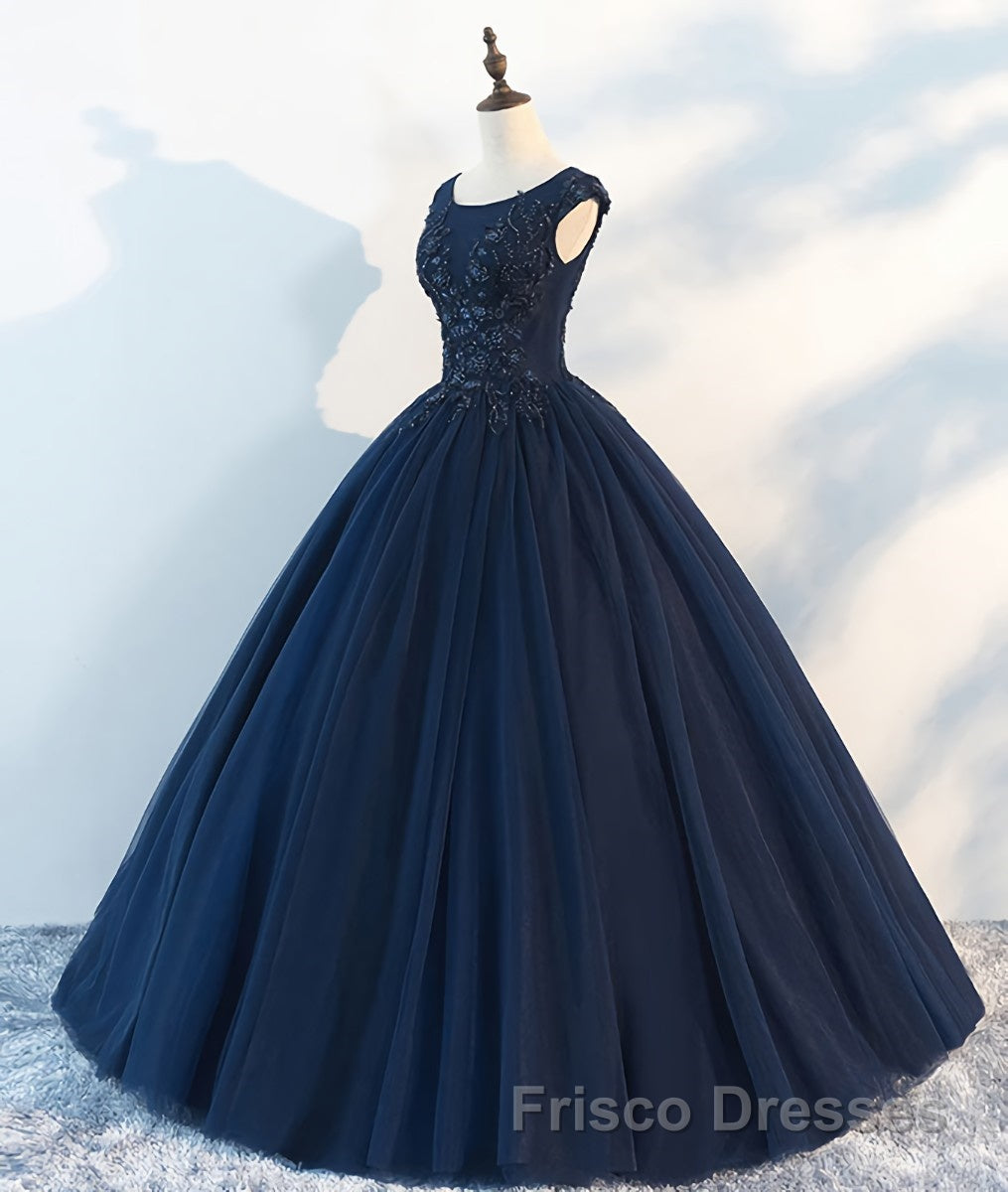 Dark blue round neck tulle lace long Formal Prom Dresses, blue tulle lace evening Dresses