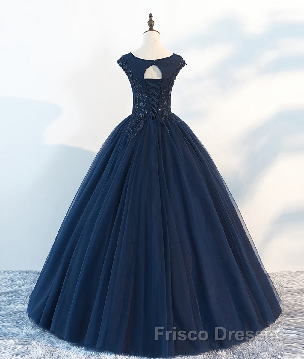 Dark blue round neck tulle lace long Formal Prom Dresses, blue tulle lace evening Dresses