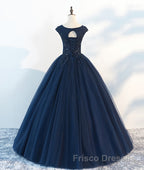 Dark blue round neck tulle lace long Formal Prom Dresses, blue tulle lace evening Dresses