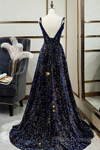 Dark Blue Sequin A Line Spaghetti Straps Bling Bling Formal Prom Dress