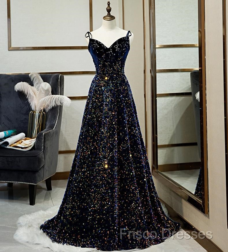 Dark Blue Sequin A Line Spaghetti Straps Bling Bling Formal Prom Dress