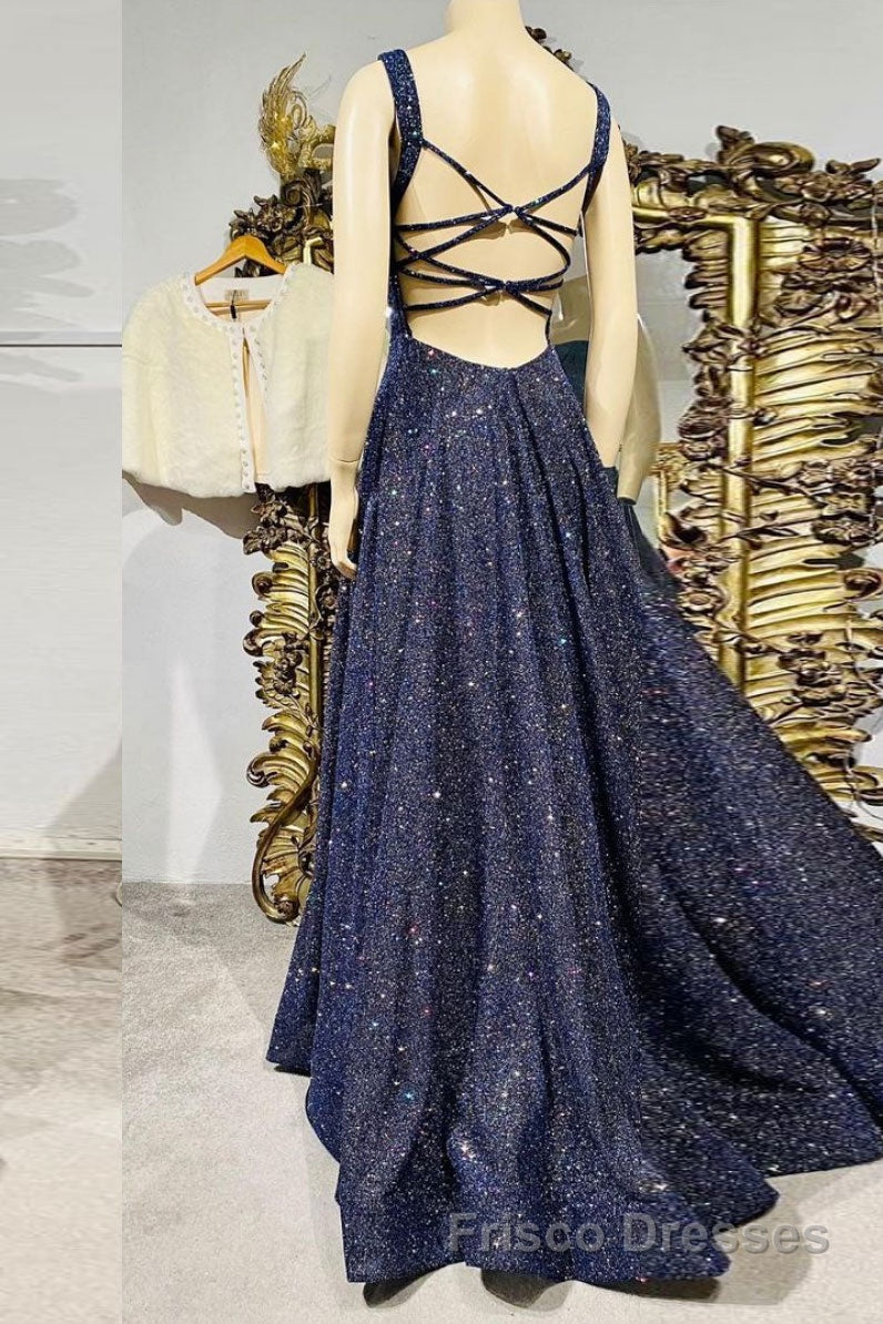 Dark blue sequin long Formal Prom Dresses , blue evening Dresses