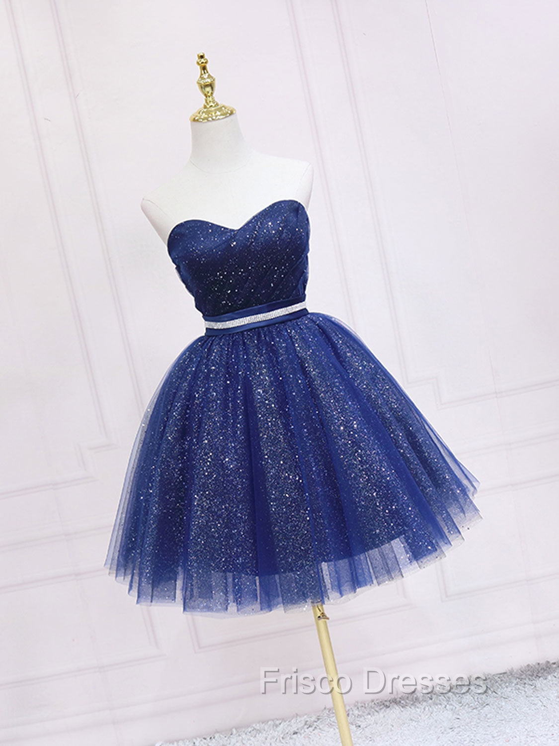 Dark Blue Sweetheart Neck Tulle Sequin Short Formal Prom Dress Blue Puffy Homecoming Dress Secondary image