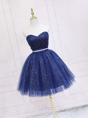 Dark Blue Sweetheart Neck Tulle Sequin Short Formal Prom Dress Blue Puffy Homecoming Dress