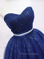 Dark Blue Sweetheart Neck Tulle Sequin Short Formal Prom Dress Blue Puffy Homecoming Dress