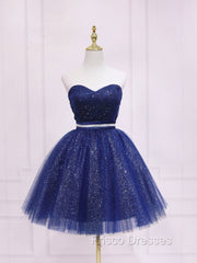Dark Blue Sweetheart Neck Tulle Sequin Short Formal Prom Dress Blue Puffy Homecoming Dress