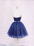 Dark Blue Sweetheart Neck Tulle Sequin Short Formal Prom Dress Blue Puffy Homecoming Dress