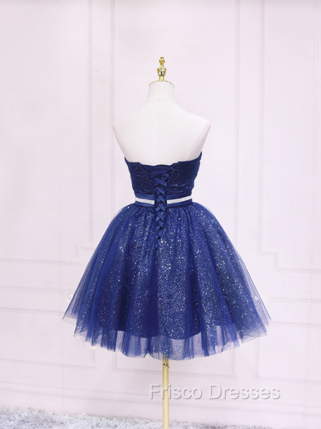 Dark Blue Sweetheart Neck Tulle Sequin Short Formal Prom Dress Blue Puffy Homecoming Dress