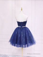 Dark Blue Sweetheart Neck Tulle Sequin Short Prom Dress Blue Puffy Homecoming Dress