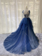 Dark blue tulle lace long Formal Prom Dresses, blue tulle formal Dresses