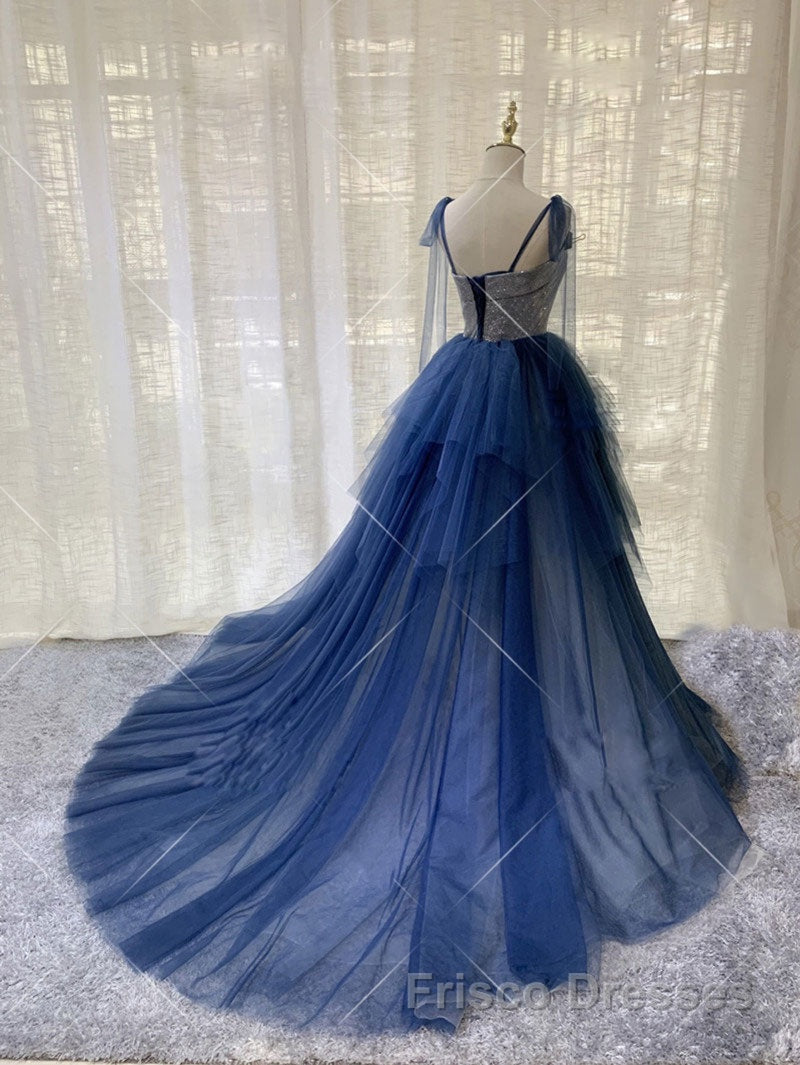 Dark blue tulle lace long Formal Prom Dresses, blue tulle formal Dresses