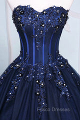 Dark Blue Tulle Lace Princess Dress, A-Line Strapless Long Formal Prom Dress