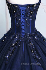 Dark Blue Tulle Lace Princess Dress, A-Line Strapless Long Formal Prom Dress