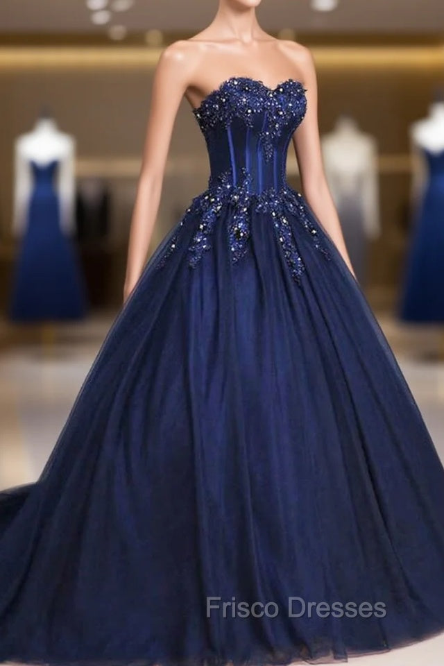 Dark Blue Tulle Lace Princess Dress, A-Line Strapless Long Formal Prom Dress Main image