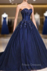 Dark Blue Tulle Lace Princess Dress, A-Line Strapless Long Formal Prom Dress