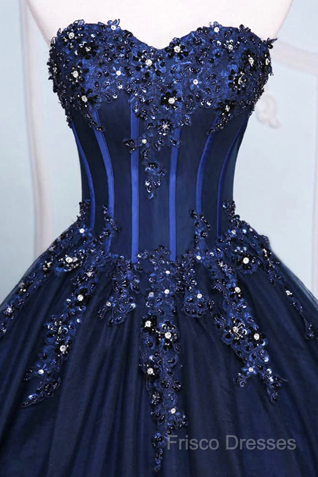 Dark Blue Tulle Lace Princess Dress, Beautiful A-Line Strapless Long Formal Prom Dress Secondary image