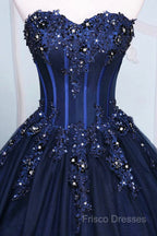 Dark Blue Tulle Lace Princess Dress, Beautiful A-Line Strapless Long Formal Prom Dress