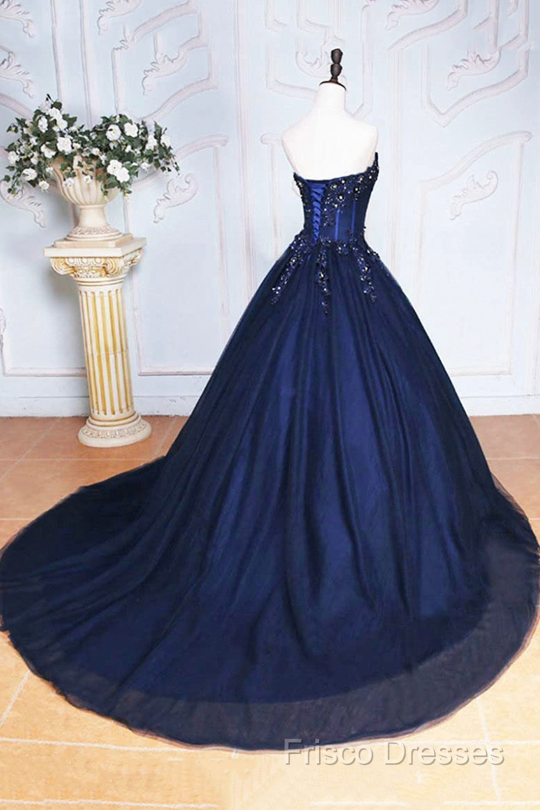 Dark Blue Tulle Lace Princess Dress, Beautiful A-Line Strapless Long Formal Prom Dress