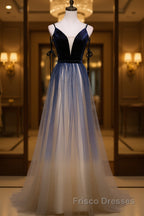 Dark blue tulle long Formal Prom Dresses, blue evening Dresses