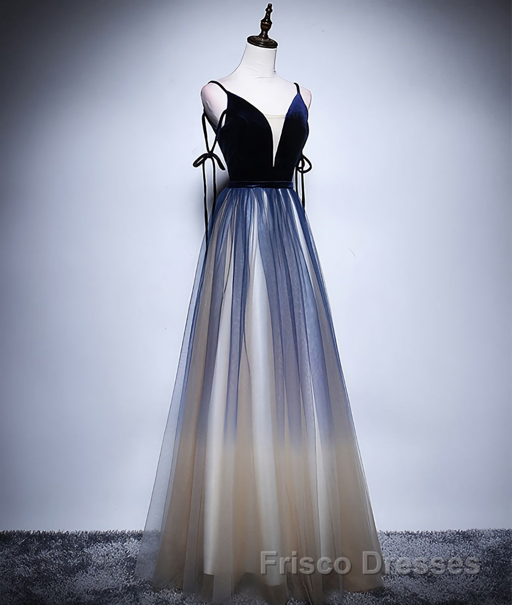 Dark blue tulle long Formal Prom Dresses, blue evening Dresses