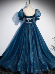 Dark Blue Tulle Long Prom Dress,  Blue Tulle Sweet 16 Dress