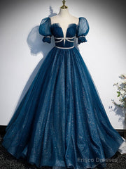 Dark Blue Tulle Long Prom Dress,  Blue Tulle Sweet 16 Dress